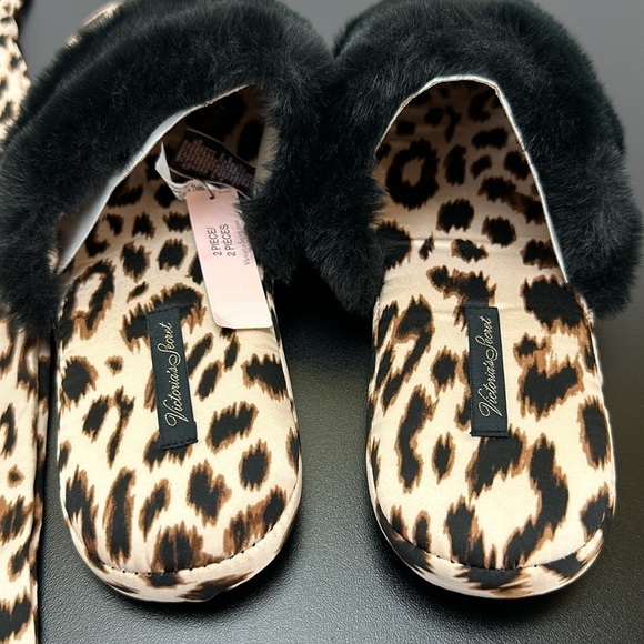 Victoria’s Secret Leopard Print Bed Slippers Medium (7-8) Satiny Faux Fur Trim - Picture 5 of 12
